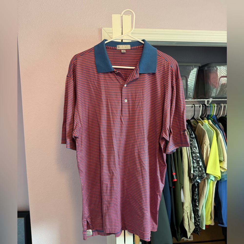 Peter Millar Men’s Large Red & Blue Striped Polo Shirt. Palm Ceia 1916.